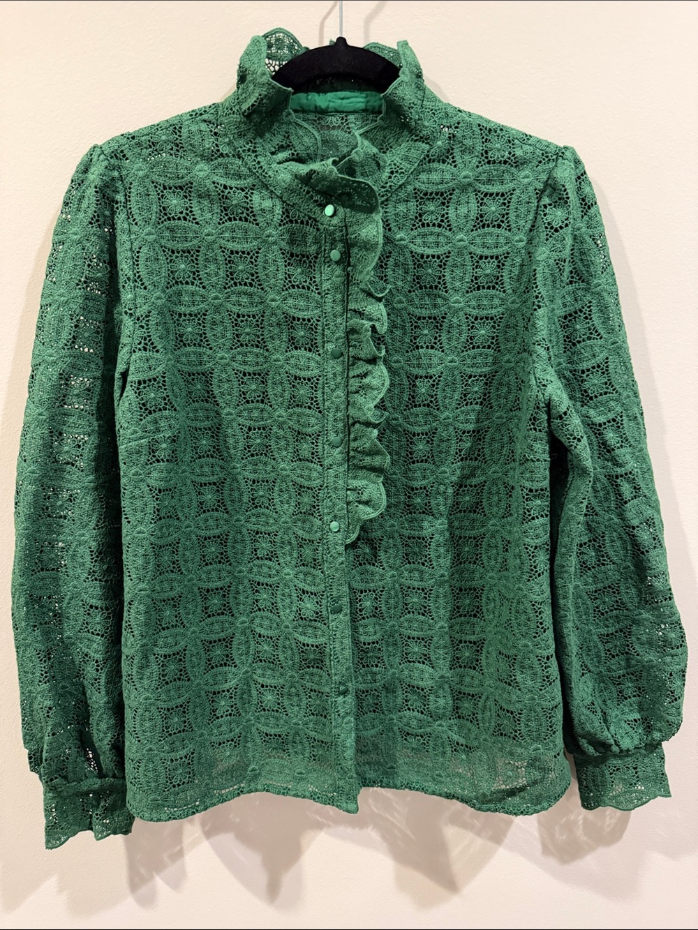 Sezane Chlo Emerald Green Lace Ruffle Blouse